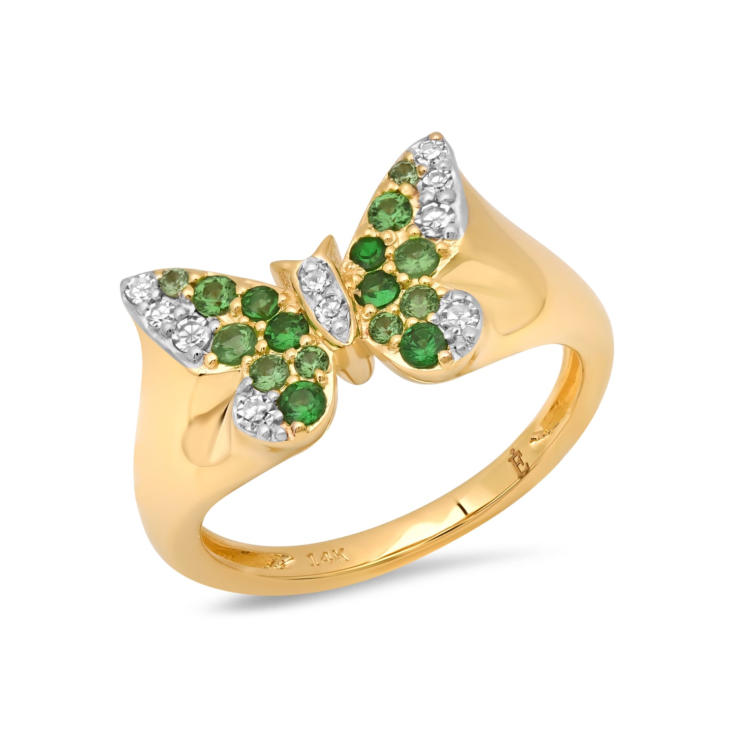 14k Yellow Gold Mini Green and Diamond Ombré Butterfly Pinky Ring